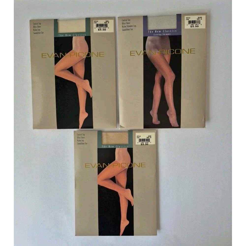 Evan Picone 3 Prs Control Top Ultra Sheer Sandal Foot Pantyhose SZ 3 Bone Shell